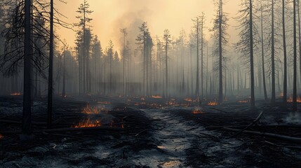 Forest fire devastation burned landscape nature photography smoky environment low angle view environmental impact awareness