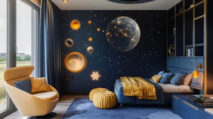 A modern room with navy walls, a space-themed wall mural, and a star-shaped nightlight. 