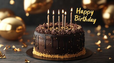 A chocolate birthday cake with golden sprinkles and candles. On the right side of the cake, the text "Happy Birthday" is written