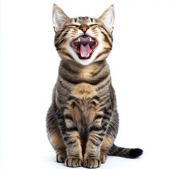 Fototapeta premium Laughing gray tabby cat sitting tall with wide-open mouth on white background