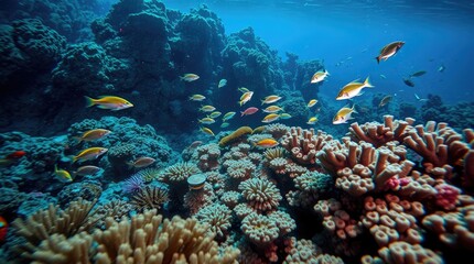 underwater scene, vibrant coral reef teeming with exotic fish, bright saturated colors, energetic movement