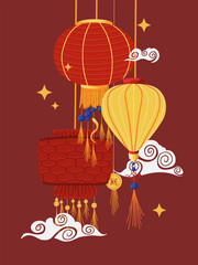Chinese new year. Vector vertical background. Festive gift card, banner, poster  template with hand drawn lanterns. Holiday illustration for web poster, flyers and brochures, greeting cards, covers