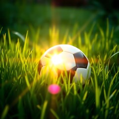Fototapeta premium Soccer ball in grass at sunset.