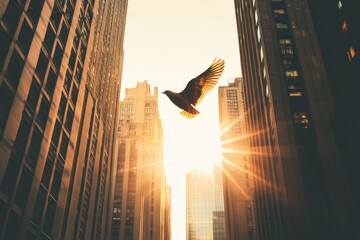 Bird flying through cityscape at sunset with skyscrapers framing the golden light