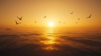 A flock of birds flying over a calm ocean, their silhouettes highlighted by a golden sunset