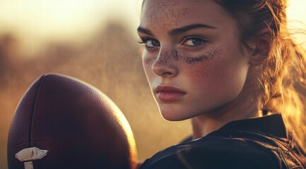 Naklejka premium Close-up of an athletic young woman holding an American football, wearing a black uniform
