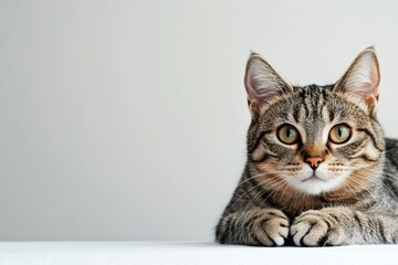 Relaxed tabby cat resting on a clean surface with ample copy space for text display. Generative AI