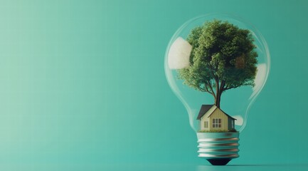 Light bulb with a green tree and house inside on a teal background, a sustainable energy concept