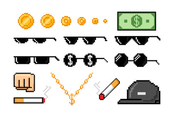 Pixel art Boss attributes. Boss, gangster elements. Comic pixelated bandit gangsta accessories. Street rapper coins and money, chain, sunglasses, fist, cap, cigarette vector set © Foxy Fox