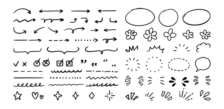 Line hand drawn elements. Doodle scribble. Sketch outline shapes, signs, effects. Simple handwriting objects. Pencil curved strokes icons. Marker kids doodles vector set