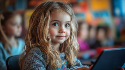 A technology-integrated classroom where students use tablets to engage in interactive math games, making learning fun and effective,