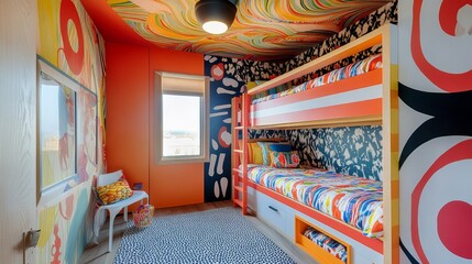 Obraz premium A playful kids' room with bold patterns and a bunk bed. 