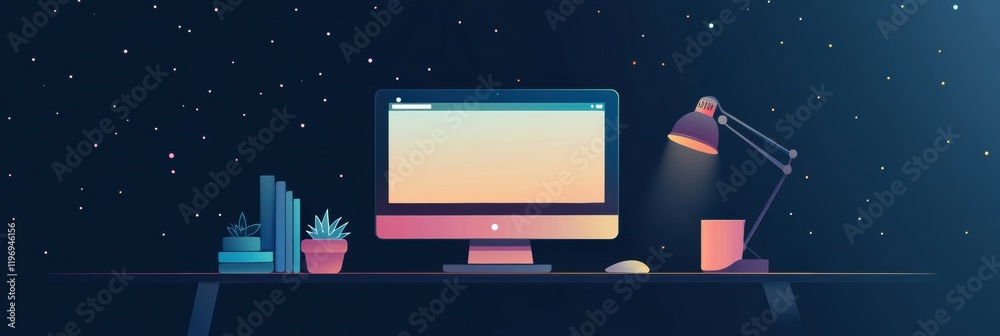 Fototapete creative workspace with computer and lamp set against a starry night backdrop featuring ample copy s