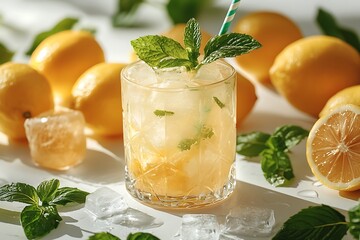 Fototapeta premium Fresh lemonade with crushed ice and lemon.