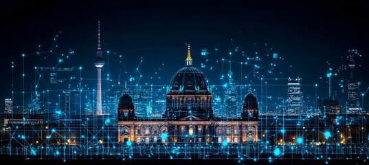 Reichstag Building in Abstract Cityscape with Connection Visual. Digital Network Technology Concept