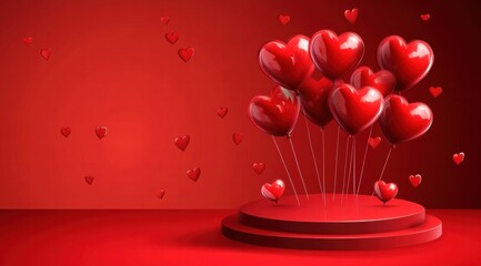 Obraz premium Valentine's Day podium background with heart-shaped balloons and a red backgroun