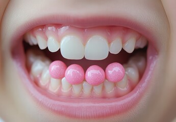 Obraz premium Close-Up of a Child's Mouth with White Teeth and Colorful Candy Balls, Highlighting Oral Health and Sweet Treats on a Bright Background