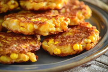 A delicious plate of crispy corn fritters served on a table, great for breakfast or brunch