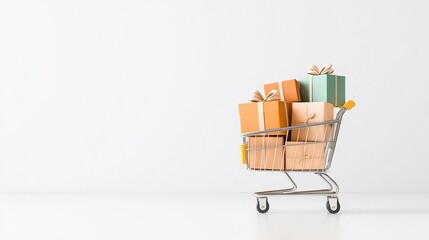 Shopping cart overflowing with gifts on white background.