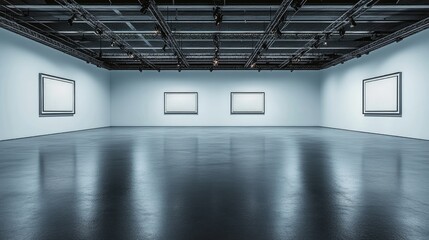 A minimalistic D-rendered exhibition room with subtle lighting and neutral tones.