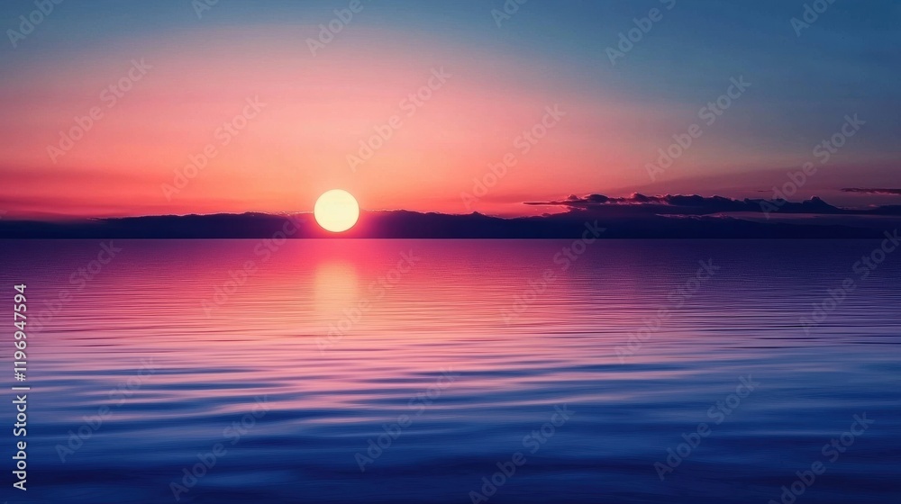 Poster vibrant sunset over tranquil water with spacious area for text and serene colors illuminating the sk