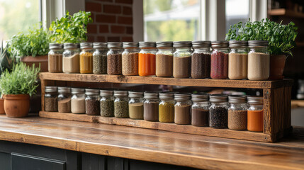 Fototapeta premium A bright kitchen showcasing a homemade spice rack made from reclaimed wood, organized with colorful spice jars,