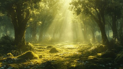 Fototapeta premium A tranquil forest scene with rays of sunlight filtering through the trees,