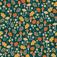 Seamless cute print with leaves mushrooms berries and flowers