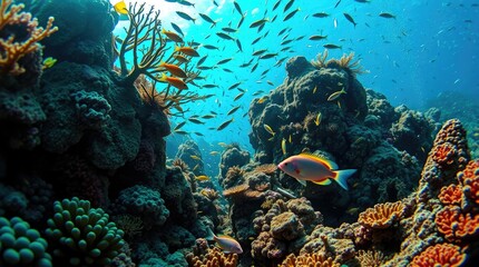 Naklejka premium underwater scene, vibrant coral reef teeming with exotic fish, bright saturated colors, energetic movement