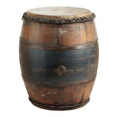 Obraz premium A weathered antique wooden barrel drum with rope detailing, possibly of cultural or historical significance.