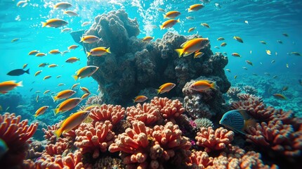 Obraz premium underwater scene, vibrant coral reef teeming with exotic fish, bright saturated colors, energetic movement
