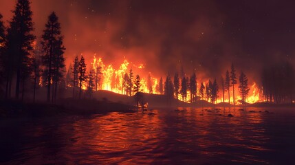 Wildfire blaze threatens forests near water body captured in dramatic nighttime scene nature's fury on display
