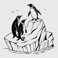 penguin colony on an iceberg image silhouette vector art and illustration