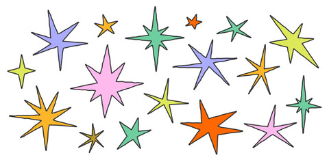 Doodle childish crayon quirky stars. Vector illustration of light sparks in sketchy freehand drawing style. Colorful starry elements for grunge banner, collage, poster.
