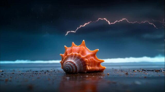 Bright seashell on wet sandy shore with stormy sky and ocean waves in background, showcasing nature's beauty