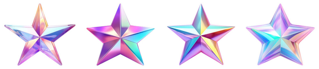 Obraz premium 3D vibrant iridescent star shape png cut out element set, transparent background