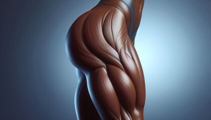3D visualization of a human thigh showing the natural muscle definition and smooth skin texture, with a plain light blue background for medical use.