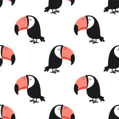 A cute seamless pattern with black and white toucan birds. Fun tropical print. Background, wallpaper, textile, wrapping paper template. © Galina Pilina