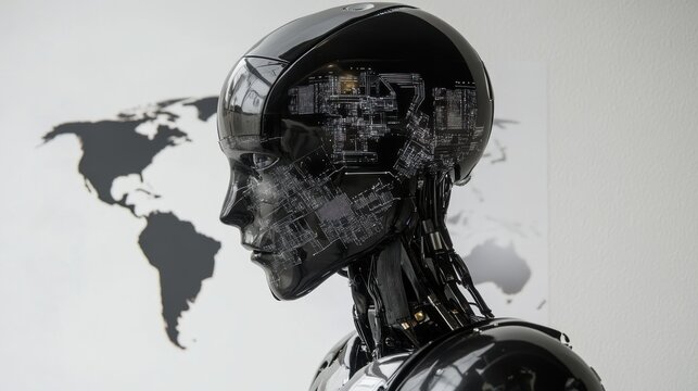 Futuristic Black Robot Head, Global Network, Circuitry Design