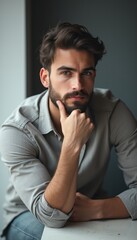 Fototapeta premium A handsome young man with a well-groomed beard rests his chin on his hand, exuding confidence and contemplation. His piercing gaze and casual attire create an atmosphere of modern sophistication and