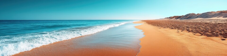 Landscape. Coastline, sandy beach and blue sea water. Background, wallpaper, banner, poster