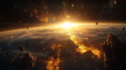 A stunning space backdrop of the sun shining brightly behind Earth's silhouette.