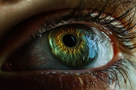 A detailed view of a human eye with green iris and pupil, useful for beauty or medical related content