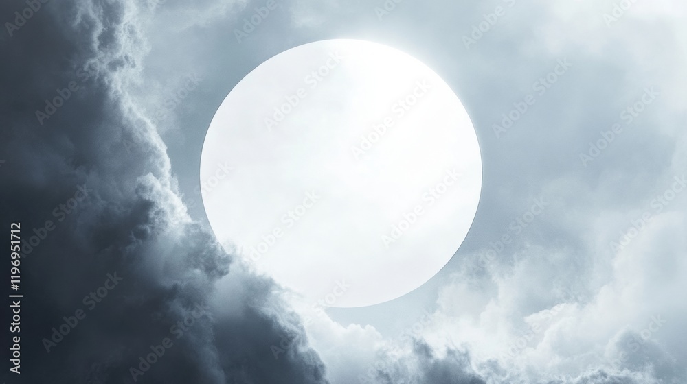 Aufkleber Bright moon peeking through thick clouds in a nighttime sky with an empty space for text placement. Generative AI