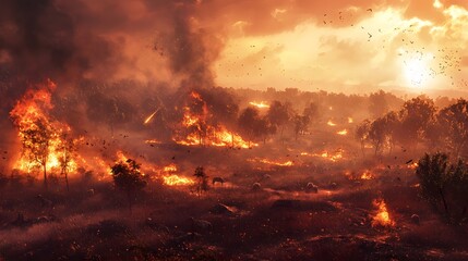 Fototapeta premium Devastating wildfire engulfs forest landscape dusk scene nature photography catastrophic environment aerial view climate crisis