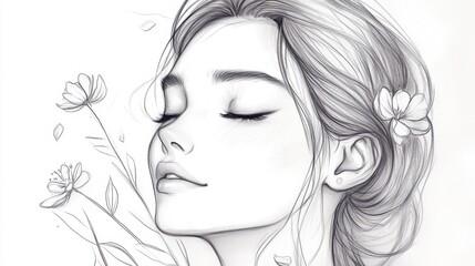 Fototapeta premium Lupus Alert Day Serenity and beauty in floral pencil sketch of a peaceful woman's profile