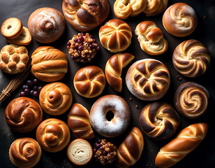 Fototapeta premium Top view of various artisan bread and pastries on a wooden table. Includes bagels, buns, and sweet rolls in natural light.