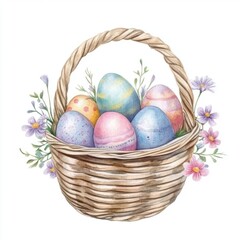 A wicker basket with dyed eggs and decorated with flowers. Easter illustration