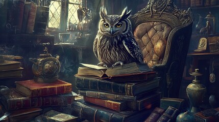 Majestic owl perched on ancient books in a mystical library.