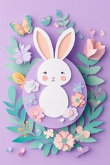 Obraz premium Easter egg and Easter bunny cut out of paper. Lilac pastel colours. Greeting card